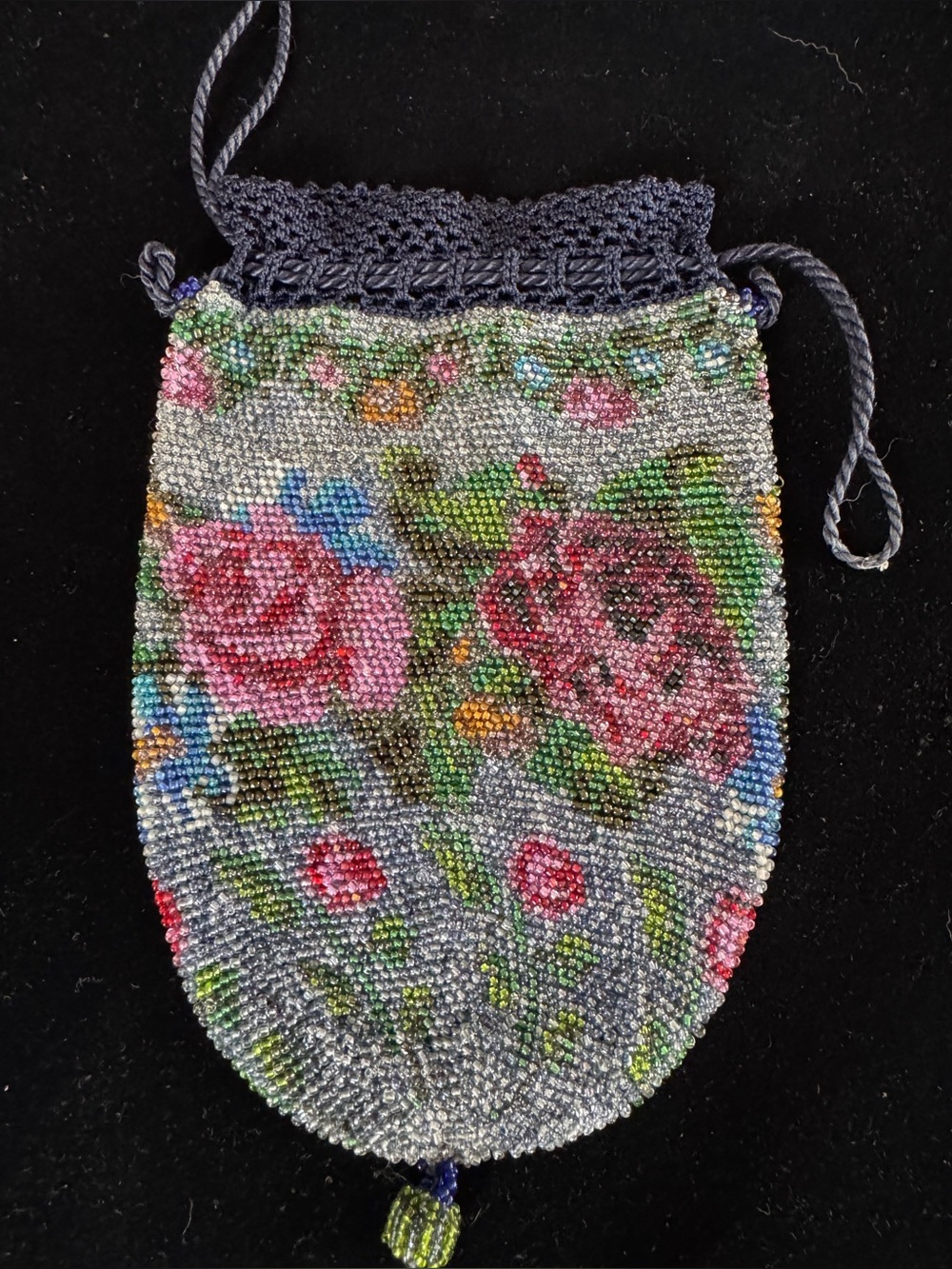Antique hand- Beaded Floral Drawstring Bag with crochet top Ex. Cond .